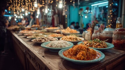 Authentic and abundant Thai cuisine buffet at a vibrant street food market atmosphere