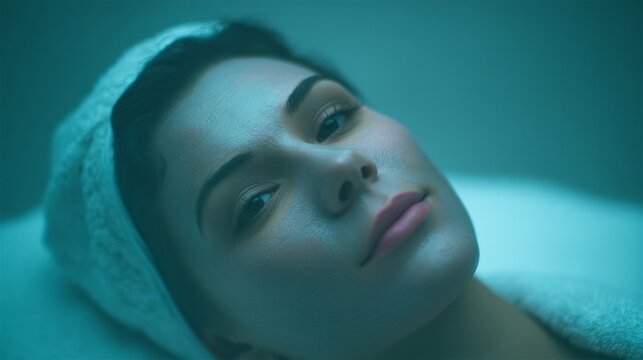 In ethereal spa glow, serene Caucasian woman unwinds, whispering tranquility, perfect for National Relaxation Day and Self-Care Sunday
