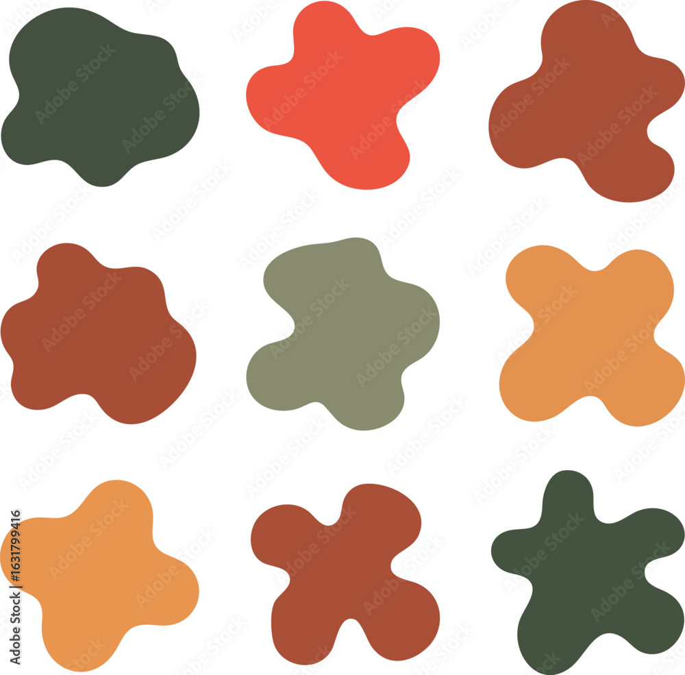 Poster a set of 9 abstract organic blob shapes. modern fluid forms in earthy tones.
