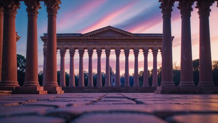 Classical building with stone columns at sunset, creating a peaceful scene.