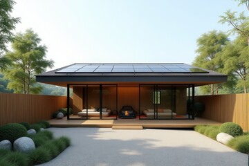 A Modern Sustainable house with sleek solar panels integrated into a flat roof, framed by minimalist landscaping