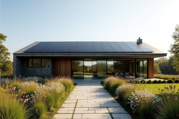 A Modern Sustainable house with sleek solar panels integrated into a flat roof, framed by minimalist landscaping
