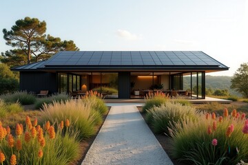 A Modern Sustainable house with sleek solar panels integrated into a flat roof, framed by minimalist landscaping
