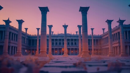 An impressive roman temple stands tall during a beautiful dusk