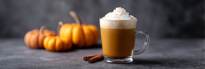 Velvety pumpkin spice latte crowned with whipped cloud, nestled among autumnal gourds, evoking Samhain gatherings and cozy hygge moments
