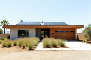 A Modern Sustainable house with sleek solar panels integrated into a flat roof, framed by minimalist landscaping