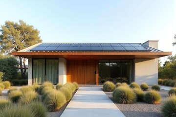 A Modern Sustainable house with sleek solar panels integrated into a flat roof, framed by minimalist landscaping