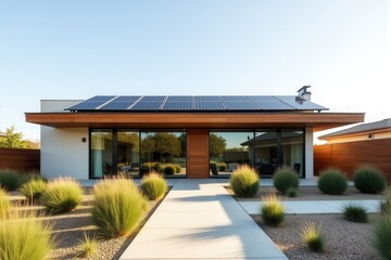 A Modern Sustainable house with sleek solar panels integrated into a flat roof, framed by minimalist landscaping