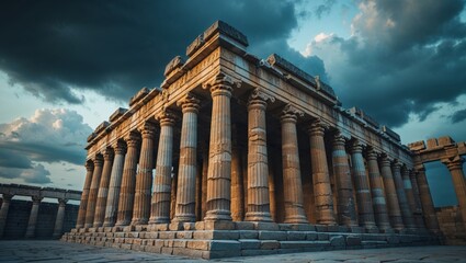 Magnificent ancient temple ruins stand under a dramatic, cloudy sky, steeped in history.