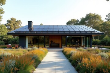 A Modern Sustainable house with sleek solar panels integrated into a flat roof, framed by minimalist landscaping