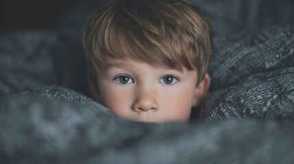 Cozy cocooned child with dreamy gaze, European boy, nestled in gray knit, captures the essence of Hygge and World Book Day