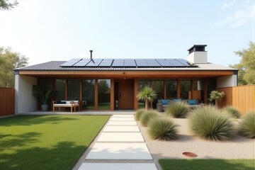 A Modern Sustainable house with sleek solar panels integrated into a flat roof, framed by minimalist landscaping