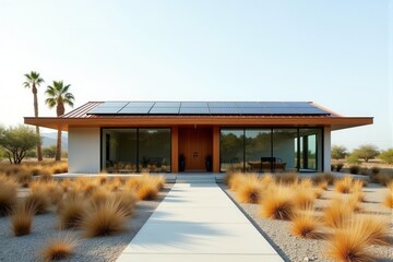 A Modern Sustainable house with sleek solar panels integrated into a flat roof, framed by minimalist landscaping