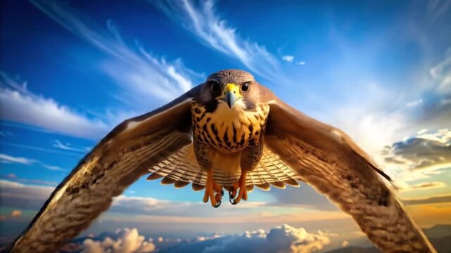 Majestic Hawk Soaring Through Sky, Wings Spread Wide, Freedom.