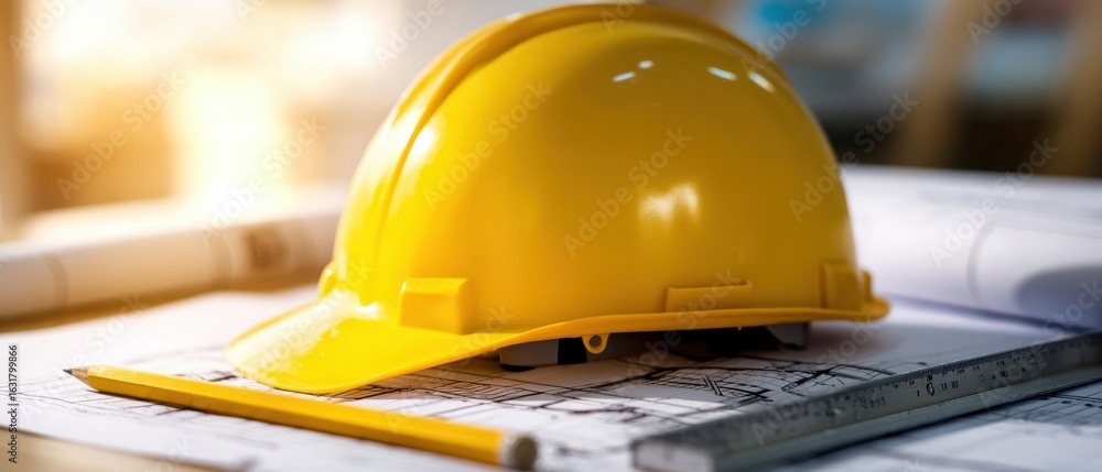 Poster the yellow hardhat resting on architectural blueprints in a workspace setting.
