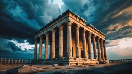 Ancient temple with towering columns under a dramatic, cloudy sky