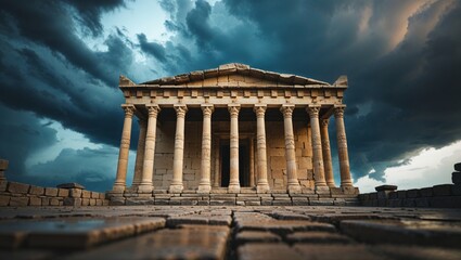 A majestic ancient temple stands against a stormy, dramatic sky with imposing clouds.