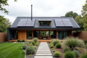A Modern Sustainable house with sleek solar panels integrated into a flat roof, framed by minimalist landscaping