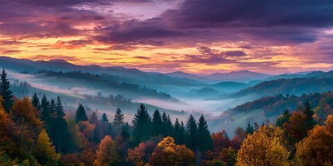 Fototapeta premium Majestic mountain landscape at sunrise with fog rolling through the valley and colorful autumn trees in the foreground under a vibrant sky