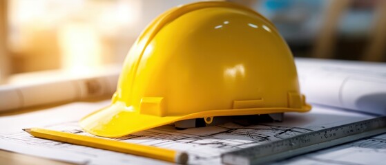 The yellow hardhat resting on architectural blueprints in a workspace setting.
