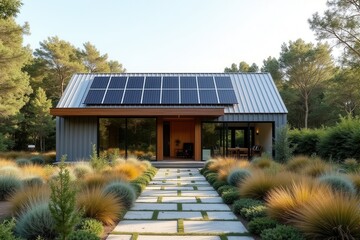 A Modern Sustainable house with sleek solar panels integrated into a flat roof, framed by minimalist landscaping