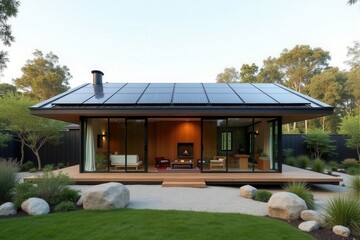 A Modern Sustainable house with sleek solar panels integrated into a flat roof, framed by minimalist landscaping