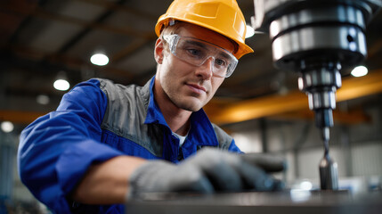 Male worker wearing safety helmet and goggles operating industrial drilling machine with focused expression in factory