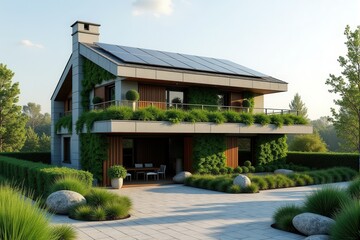 A Modern Sustainable house with sleek solar panels integrated into a flat roof, framed by minimalist landscaping