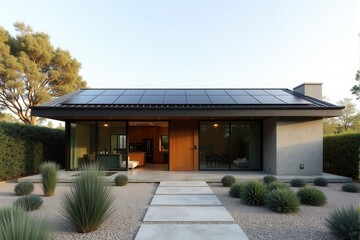 A Modern Sustainable house with sleek solar panels integrated into a flat roof, framed by minimalist landscaping