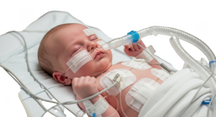 Premature baby receiving respiratory support isolated on transparent background