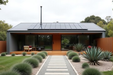 A Modern Sustainable house with sleek solar panels integrated into a flat roof, framed by minimalist landscaping