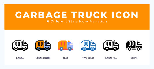 Garbage truck set of icons. Vector illustration with different styles.