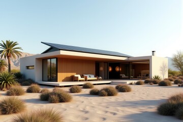 A Modern Sustainable house with sleek solar panels integrated into a flat roof, framed by minimalist landscaping