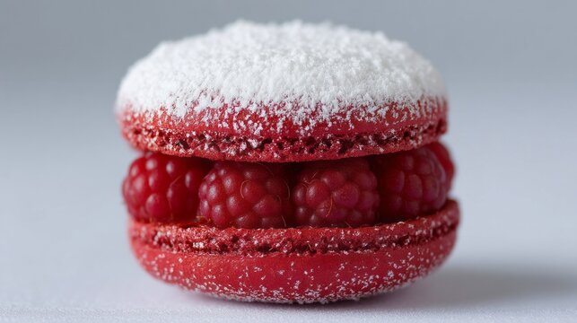 Ruby raspberry macaron with snow-dusted peak whispers Valentine's indulgence and Bastille Day revelry in whimsical pastry parlance