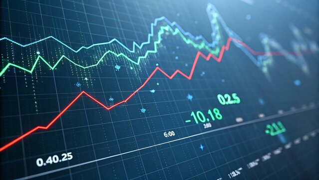 Digital graph of stock market trends with red and green lines on dark blue grid. Modern design with depth, data overlays, and glowing elements for financial analysis visuals.