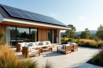 A Modern Sustainable house with sleek solar panels integrated into a flat roof, framed by minimalist landscaping