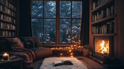Cozy winter library scene with fireplace, books, and snowfall view