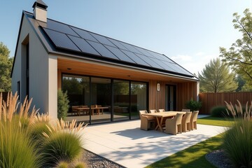 A Modern Sustainable house with sleek solar panels integrated into a flat roof, framed by minimalist landscaping