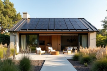 A Modern Sustainable house with sleek solar panels integrated into a flat roof, framed by minimalist landscaping