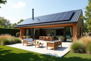 A Modern Sustainable house with sleek solar panels integrated into a flat roof, framed by minimalist landscaping