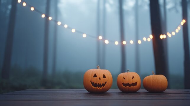 Three whimsical jack-o'-lanterns grin mischievously on a dusky woodland table, invoking Samhain's mysteries and autumn's playful whispers