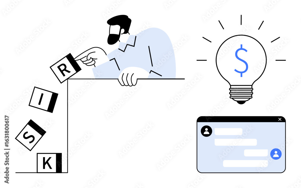 Poster man prevents letters forming risk from falling while lightbulb with dollar sign and chat window high