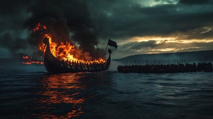 Burning Boat on Dark Water with Standing Figures in Distance