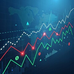 Digital graph of stock market trends with red and green lines on dark blue grid. Modern design with depth, data overlays, and glowing elements for financial analysis visuals.