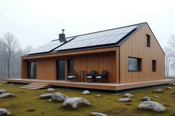 A Modern Sustainable house with sleek solar panels integrated into a flat roof, framed by minimalist landscaping