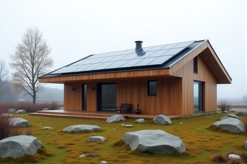 A Modern Sustainable house with sleek solar panels integrated into a flat roof, framed by minimalist landscaping