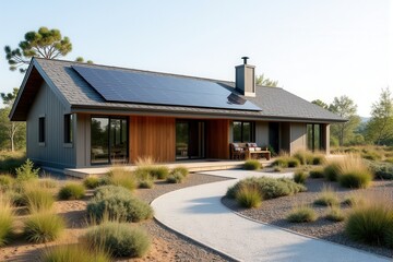 A Modern Sustainable house with sleek solar panels integrated into a flat roof, framed by minimalist landscaping