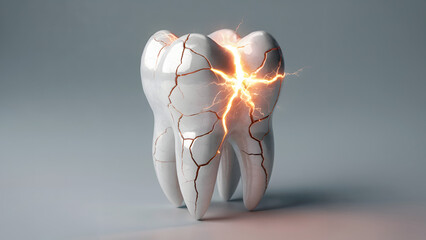 Stunning cracked tooth with glowing energy bursts represents dental pain and urgent treatment needs.