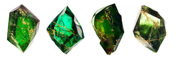 set of beautiful raw green crystals with gold, gemstones isolated on white background