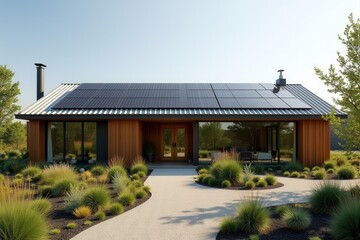 A Modern Sustainable house with sleek solar panels integrated into a flat roof, framed by minimalist landscaping